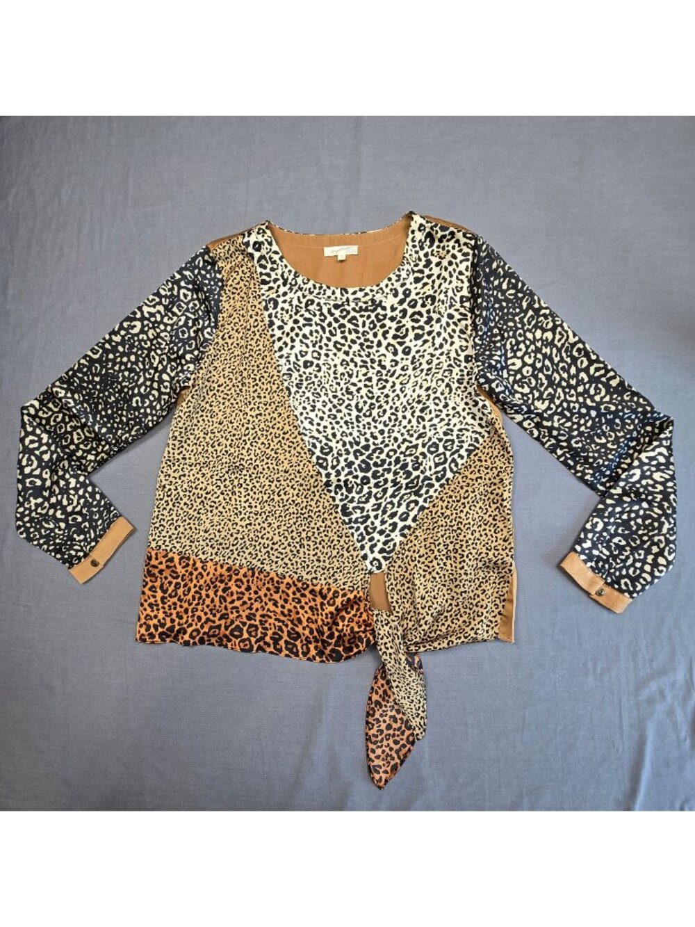 Mystree M Tie Front Satin Patchwork Animal Print Blouse Long Sleeve